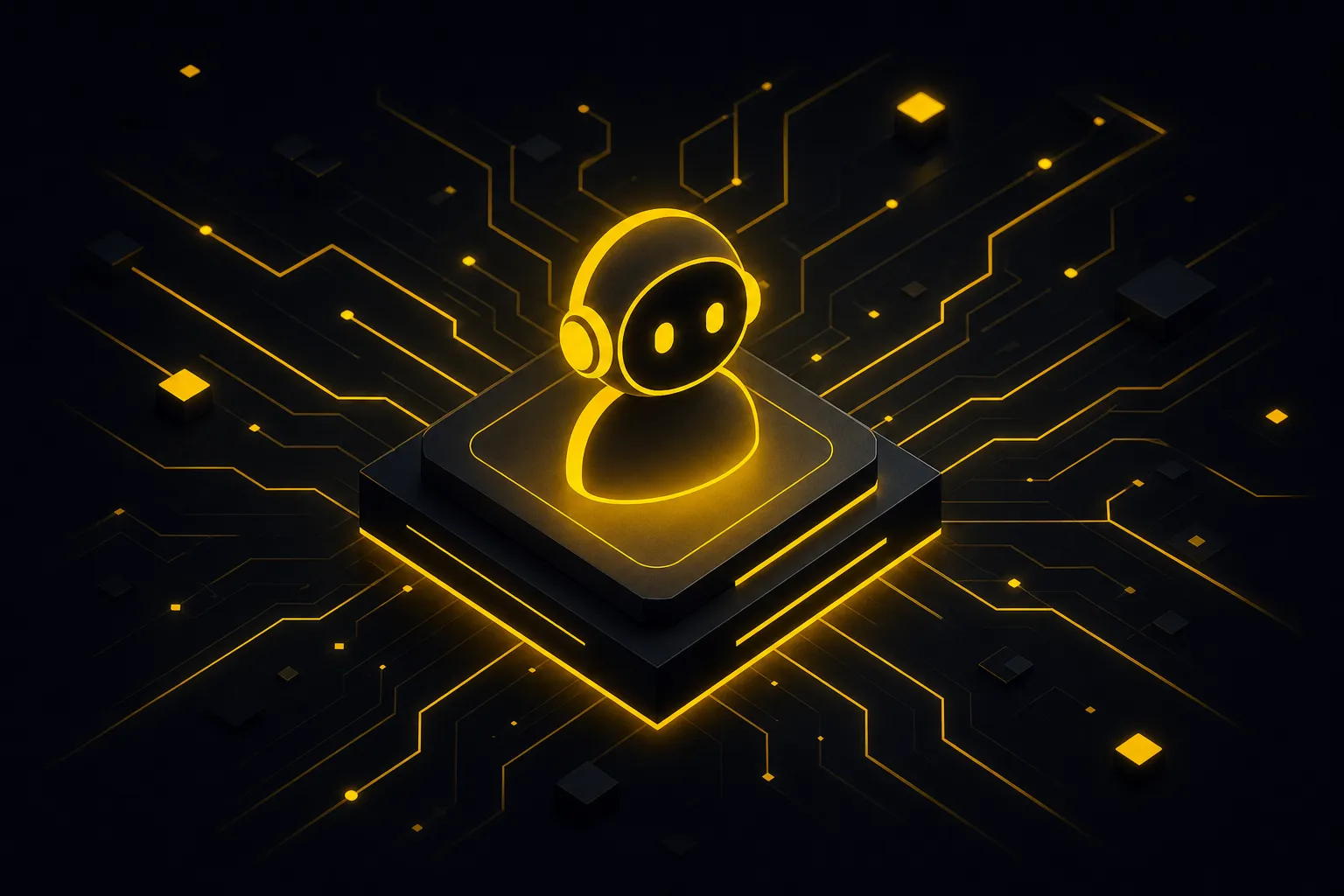 Силуэт AI-ассистента с жёлтым свечением на фоне схемы — Джарвис как метафора правильного ИИ